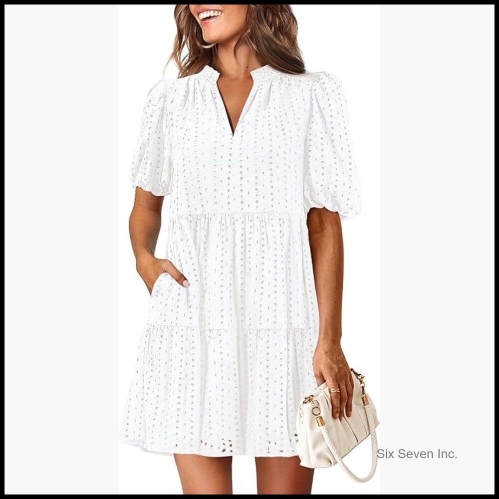 Cotton Eyelet Mini Dress with V-Neck and Tiered Design